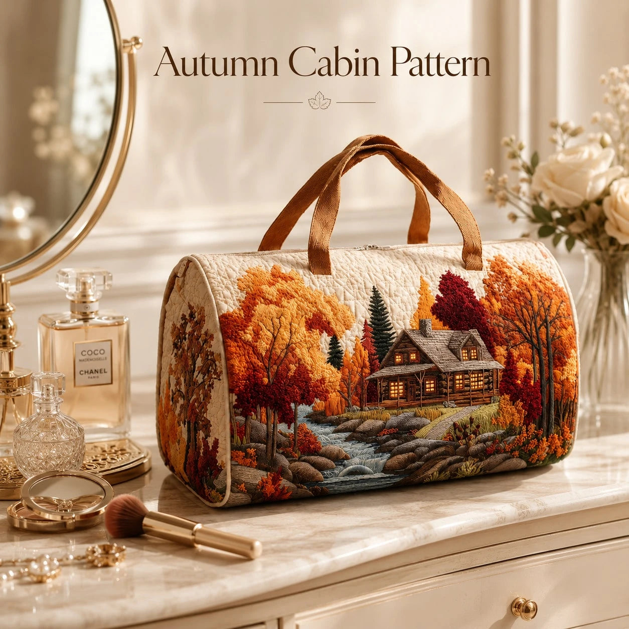 1pc Autumn Cabin Landscape Quilted Cosmetic Bag, 18*9*9cm Portable Zippered Makeup And Toiletries Storage Bag With Top Handle, Women's Small Travel Organizer, Daily Use And Gift