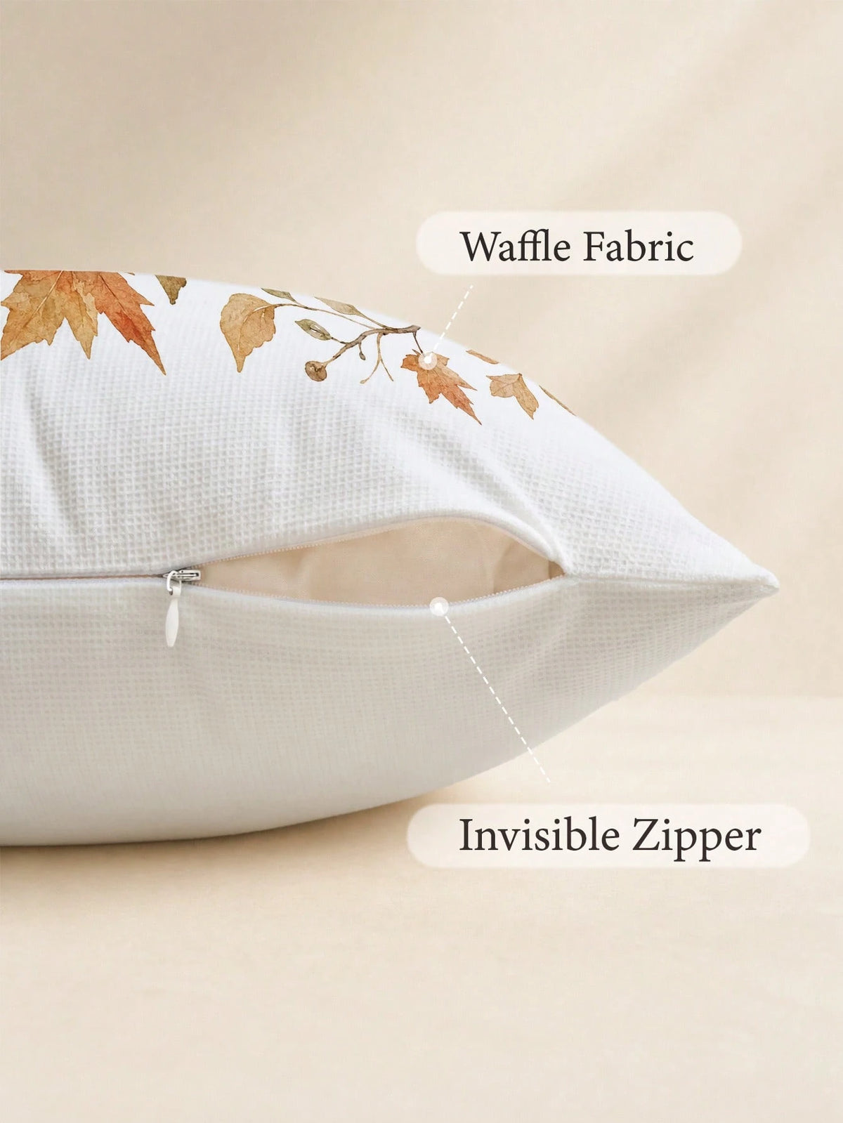 1pc Autumn Minimalist Daily Coffee Brown Leaf & Bird Pattern Waffle Fabric Cushion Cover, Single-Sided Print Soft Waffle Polyester Material, 45*45CM/18*18inch Pillowcase Suitable For Room Decor, Moder