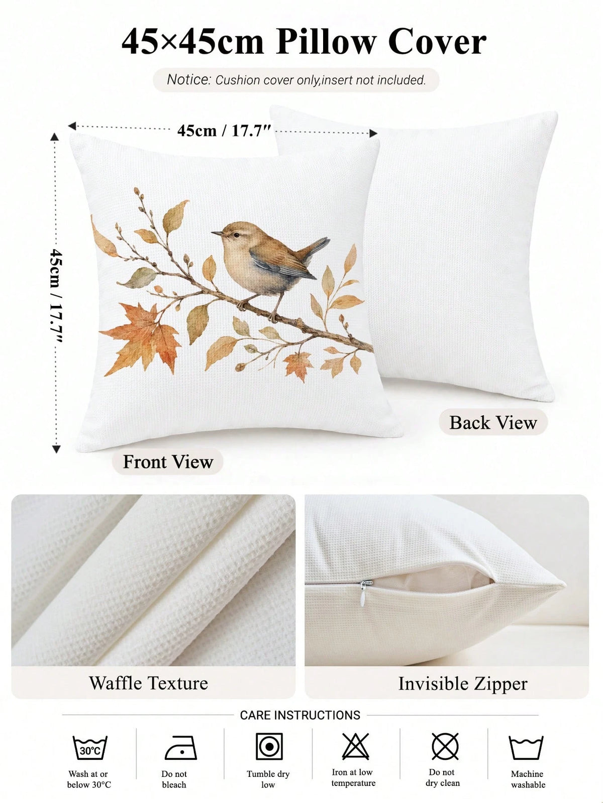 1pc Autumn Minimalist Daily Coffee Brown Leaf & Bird Pattern Waffle Fabric Cushion Cover, Single-Sided Print Soft Waffle Polyester Material, 45*45CM/18*18inch Pillowcase Suitable For Room Decor, Moder