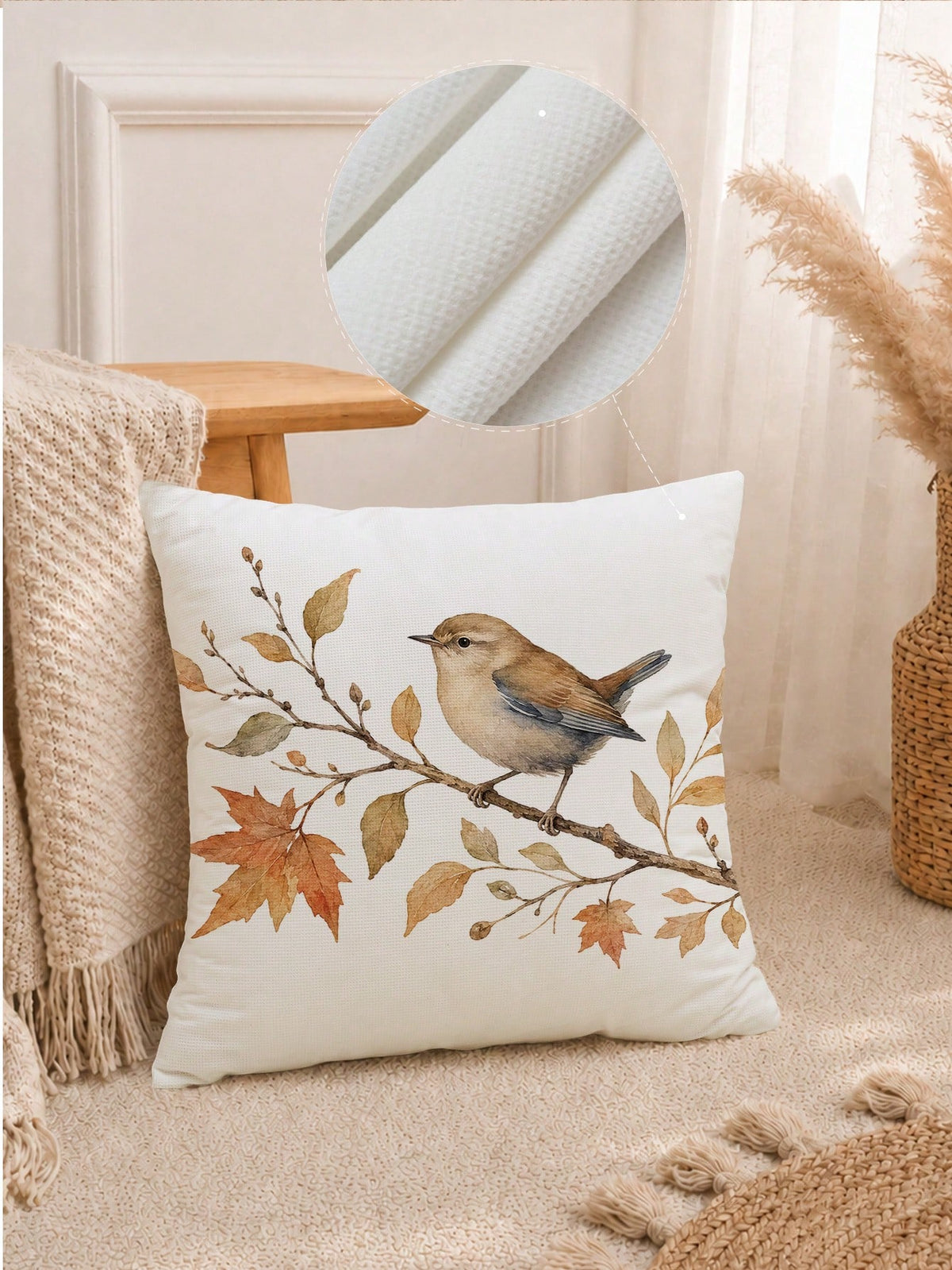 1pc Autumn Minimalist Daily Coffee Brown Leaf & Bird Pattern Waffle Fabric Cushion Cover, Single-Sided Print Soft Waffle Polyester Material, 45*45CM/18*18inch Pillowcase Suitable For Room Decor, Moder