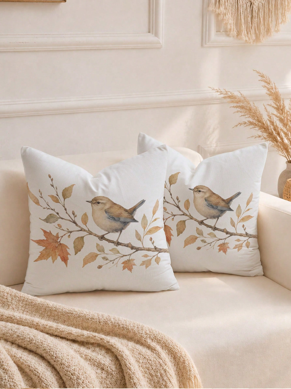1pc Autumn Minimalist Daily Coffee Brown Leaf & Bird Pattern Waffle Fabric Cushion Cover, Single-Sided Print Soft Waffle Polyester Material, 45*45CM/18*18inch Pillowcase Suitable For Room Decor, Moder