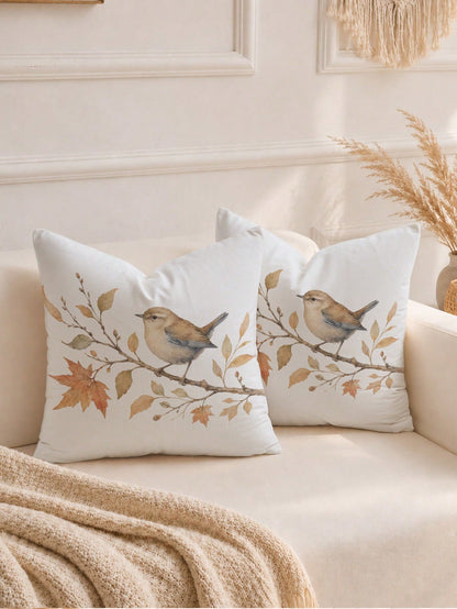 1pc Autumn Minimalist Daily Coffee Brown Leaf & Bird Pattern Waffle Fabric Cushion Cover, Single-Sided Print Soft Waffle Polyester Material, 45*45CM/18*18inch Pillowcase Suitable For Room Decor, Moder