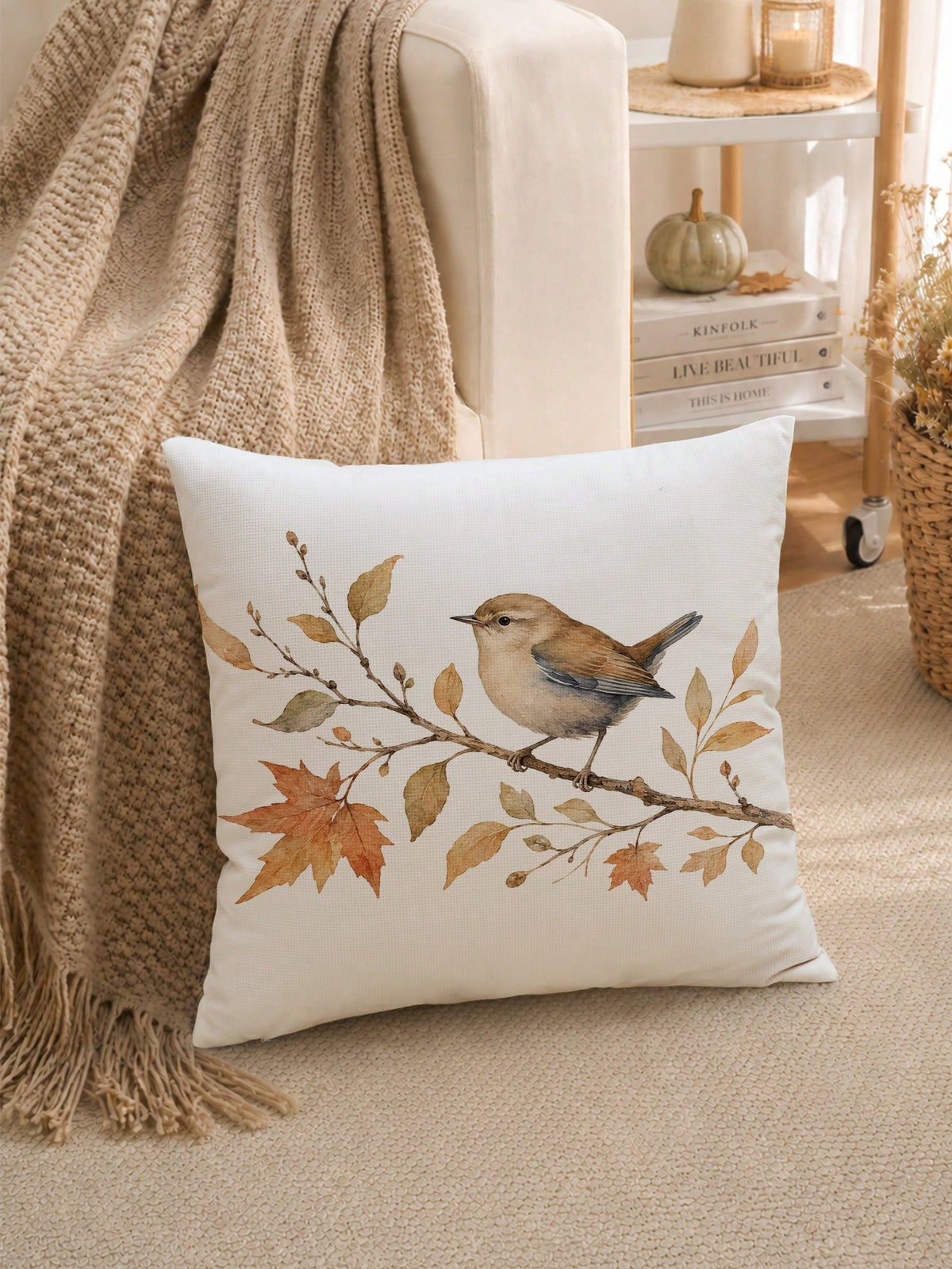 1pc Autumn Minimalist Daily Coffee Brown Leaf & Bird Pattern Waffle Fabric Cushion Cover, Single-Sided Print Soft Waffle Polyester Material, 45*45CM/18*18inch Pillowcase Suitable For Room Decor, Moder