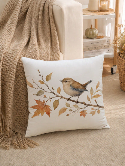 1pc Autumn Minimalist Daily Coffee Brown Leaf & Bird Pattern Waffle Fabric Cushion Cover, Single-Sided Print Soft Waffle Polyester Material, 45*45CM/18*18inch Pillowcase Suitable For Room Decor, Moder