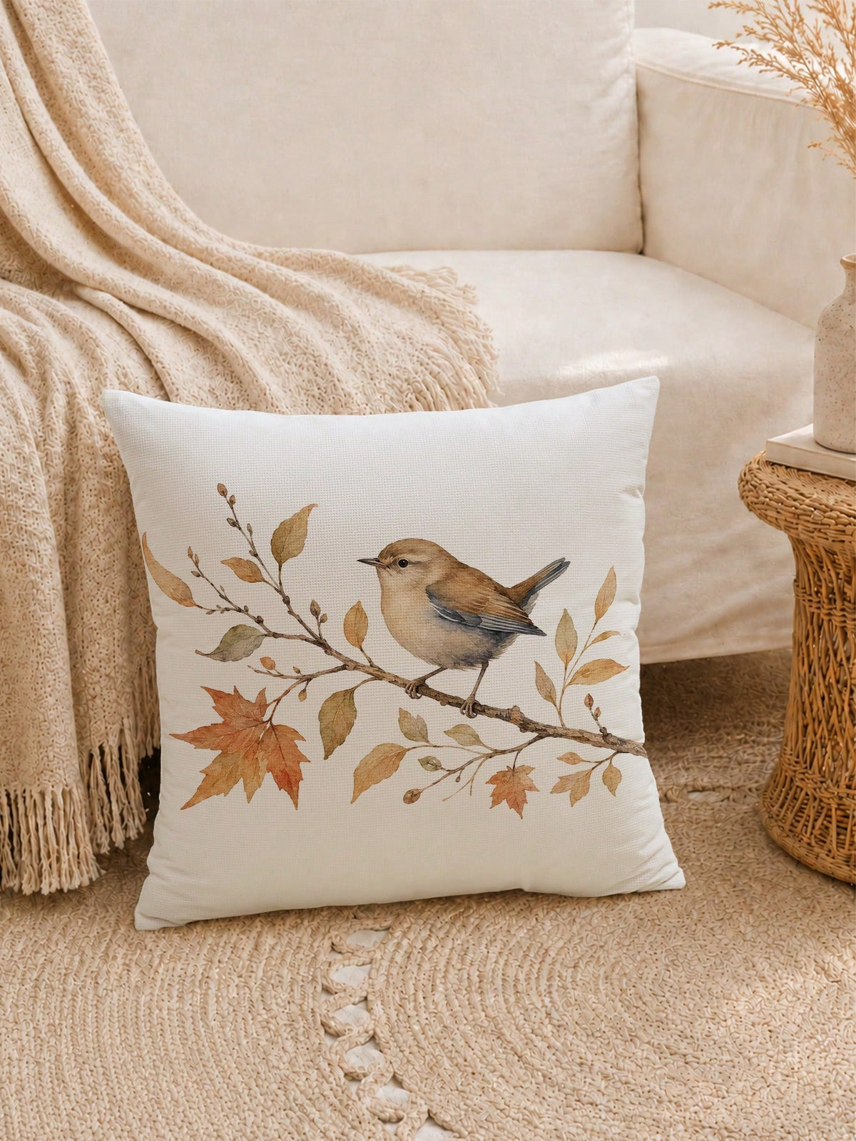 1pc Autumn Minimalist Daily Coffee Brown Leaf & Bird Pattern Waffle Fabric Cushion Cover, Single-Sided Print Soft Waffle Polyester Material, 45*45CM/18*18inch Pillowcase Suitable For Room Decor, Moder