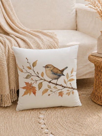 1pc Autumn Minimalist Daily Coffee Brown Leaf & Bird Pattern Waffle Fabric Cushion Cover, Single-Sided Print Soft Waffle Polyester Material, 45*45CM/18*18inch Pillowcase Suitable For Room Decor, Moder