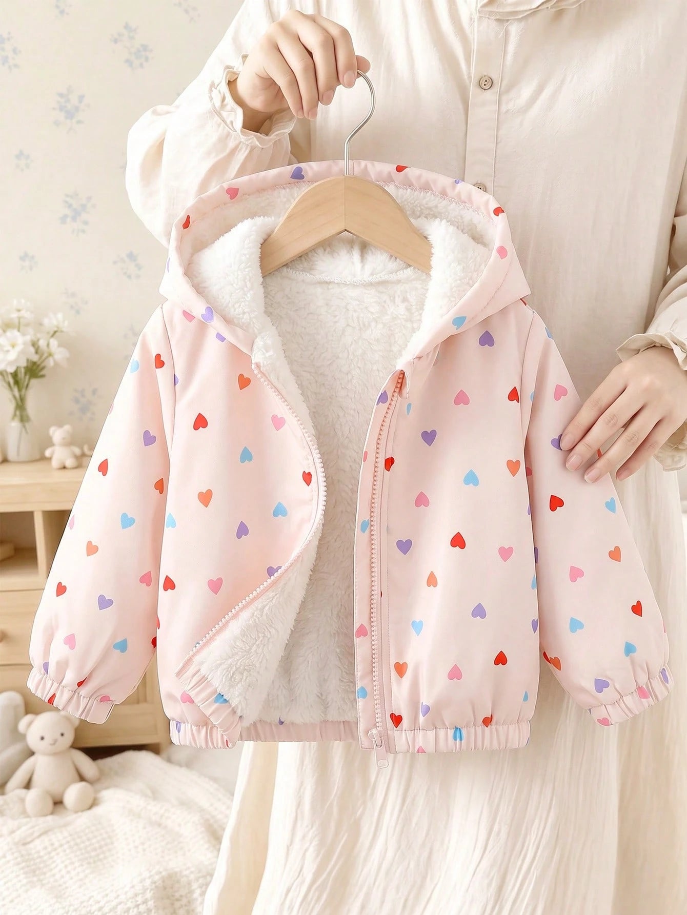 1pc Baby Girl Apricot Heart Print Colorful Heart Cute Casual Thermal Lined Thickened Hooded Long Sleeve Cuffed Plush Zipper Jacket Top, Suitable For Autumn/Winter Daily Outings And Various Occas