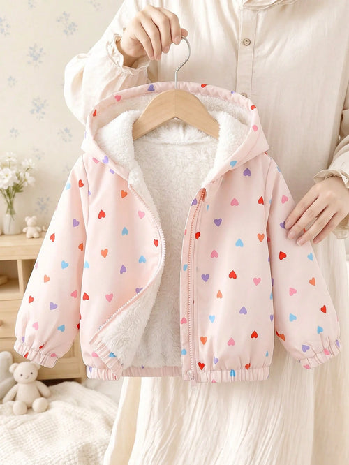 1pc Baby Girl Apricot Heart Print Colorful Heart Cute Casual Thermal Lined Thickened Hooded Long Sleeve Cuffed Plush Zipper Jacket Top, Suitable For Autumn/Winter Daily Outings And Various Occas