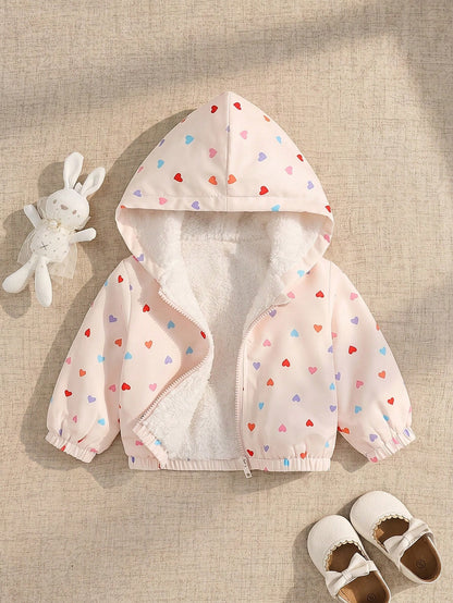 1pc Baby Girl Apricot Heart Print Colorful Heart Cute Casual Thermal Lined Thickened Hooded Long Sleeve Cuffed Plush Zipper Jacket Top, Suitable For Autumn/Winter Daily Outings And Various Occas