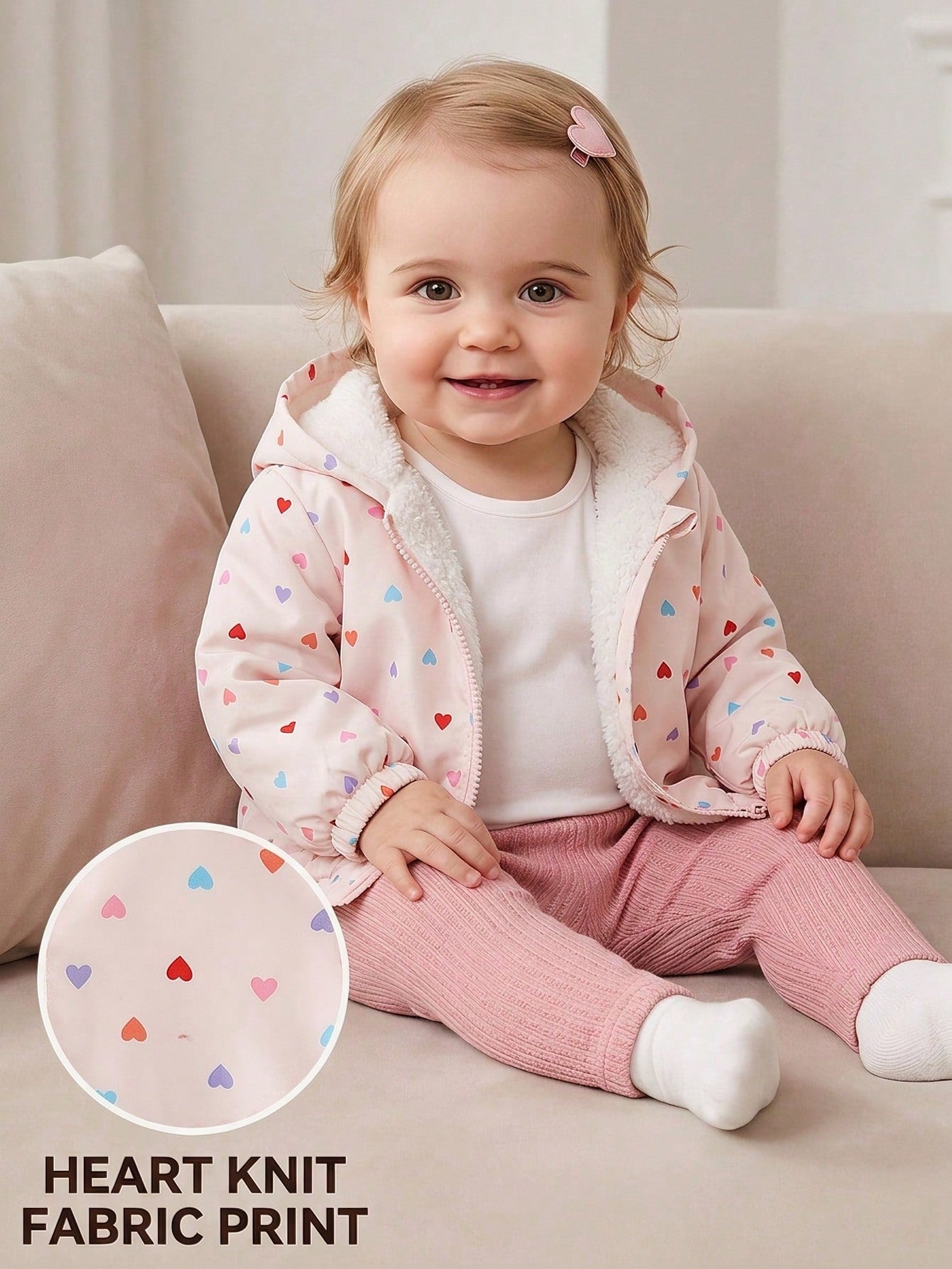 1pc Baby Girl Apricot Heart Print Colorful Heart Cute Casual Thermal Lined Thickened Hooded Long Sleeve Cuffed Plush Zipper Jacket Top, Suitable For Autumn/Winter Daily Outings And Various Occas