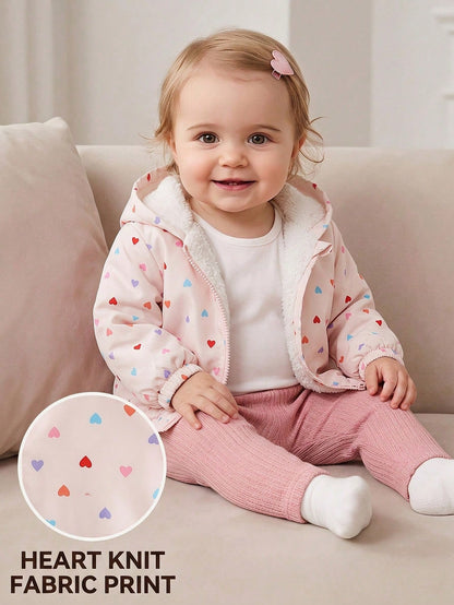 1pc Baby Girl Apricot Heart Print Colorful Heart Cute Casual Thermal Lined Thickened Hooded Long Sleeve Cuffed Plush Zipper Jacket Top, Suitable For Autumn/Winter Daily Outings And Various Occas