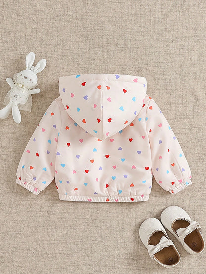 1pc Baby Girl Apricot Heart Print Colorful Heart Cute Casual Thermal Lined Thickened Hooded Long Sleeve Cuffed Plush Zipper Jacket Top, Suitable For Autumn/Winter Daily Outings And Various Occas