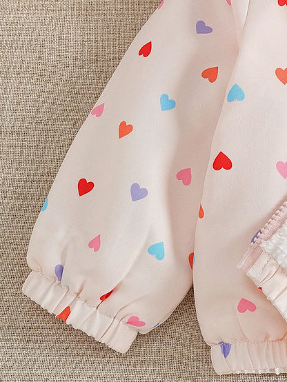 1pc Baby Girl Apricot Heart Print Colorful Heart Cute Casual Thermal Lined Thickened Hooded Long Sleeve Cuffed Plush Zipper Jacket Top, Suitable For Autumn/Winter Daily Outings And Various Occas