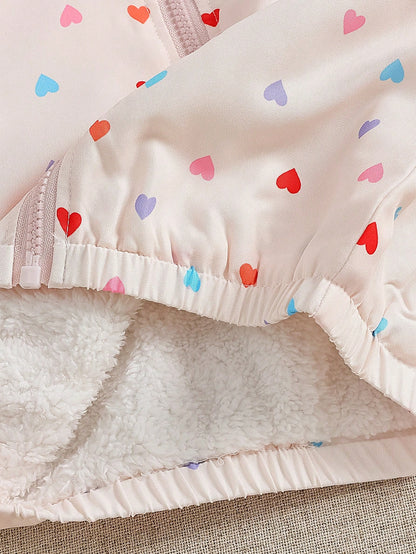 1pc Baby Girl Apricot Heart Print Colorful Heart Cute Casual Thermal Lined Thickened Hooded Long Sleeve Cuffed Plush Zipper Jacket Top, Suitable For Autumn/Winter Daily Outings And Various Occas