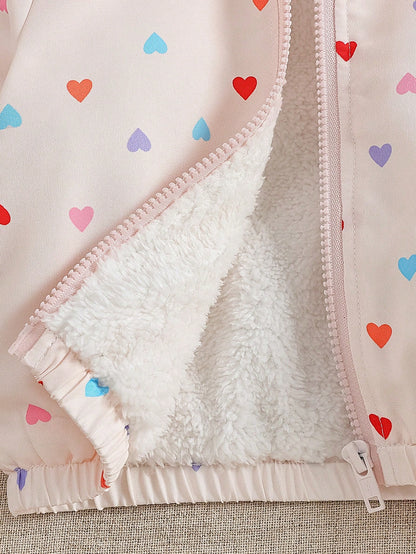 1pc Baby Girl Apricot Heart Print Colorful Heart Cute Casual Thermal Lined Thickened Hooded Long Sleeve Cuffed Plush Zipper Jacket Top, Suitable For Autumn/Winter Daily Outings And Various Occas