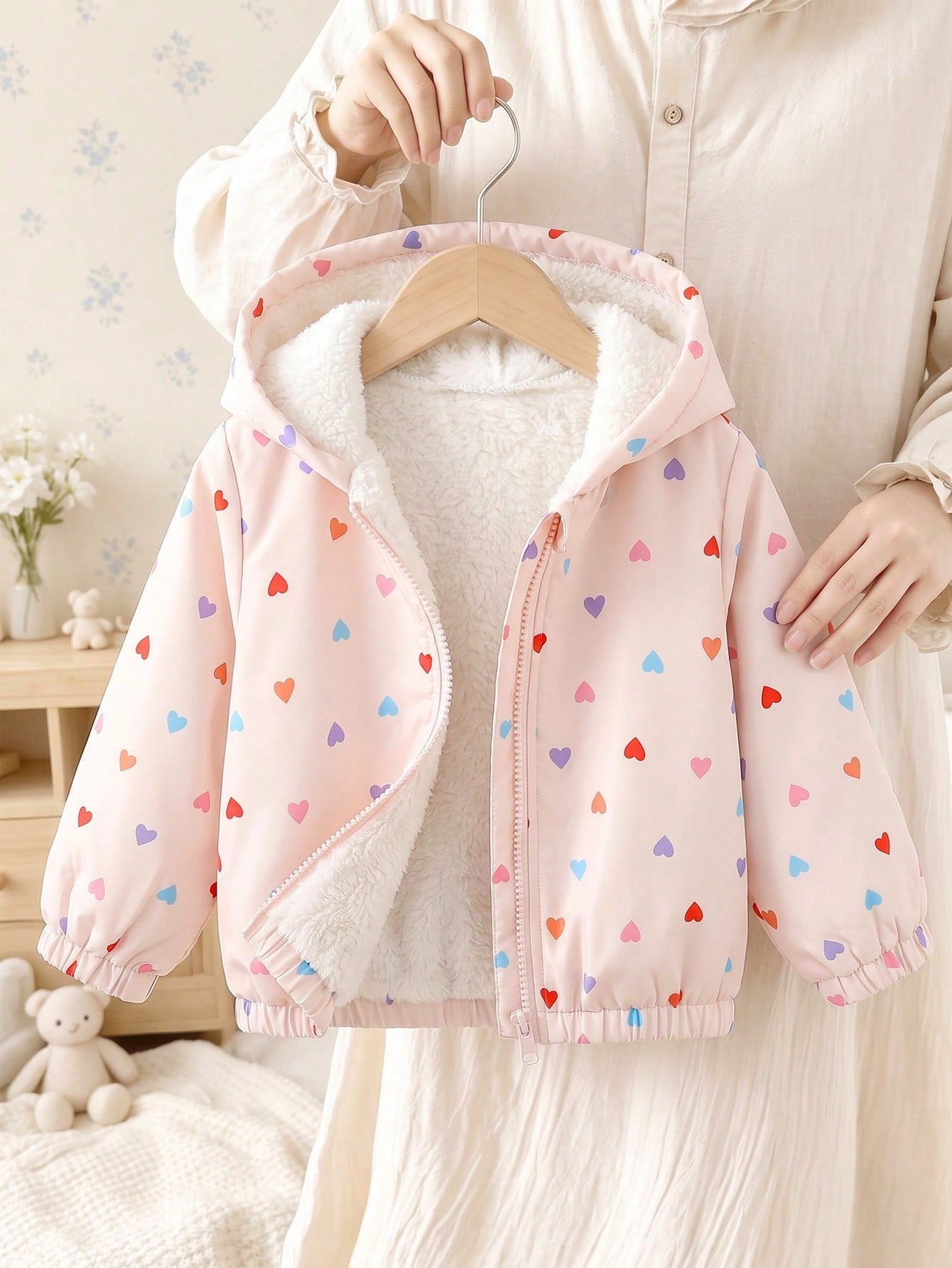 1pc Baby Girl Apricot Heart Print Colorful Heart Cute Casual Thermal Lined Thickened Hooded Long Sleeve Cuffed Plush Zipper Jacket Top, Suitable For Autumn/Winter Daily Outings And Various Occas