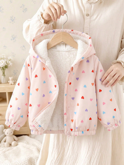 1pc Baby Girl Apricot Heart Print Colorful Heart Cute Casual Thermal Lined Thickened Hooded Long Sleeve Cuffed Plush Zipper Jacket Top, Suitable For Autumn/Winter Daily Outings And Various Occas