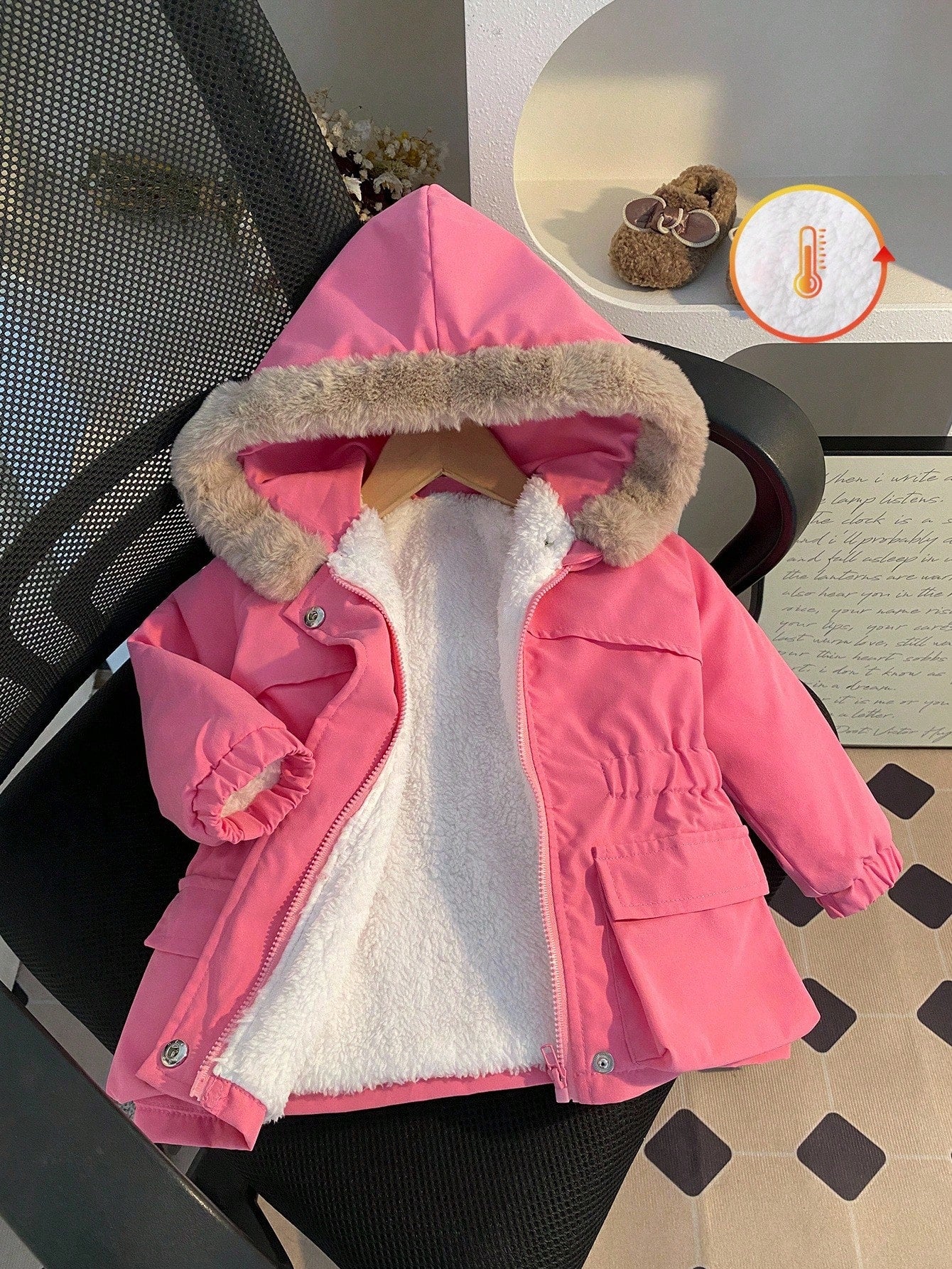 1pc Baby Girl Winter Pink Hooded Jacket,Casual Street Style White Fur Lining Khaki Fur Trim Long Sleeve Coat,Autumn Date Fashionable School Outdoor