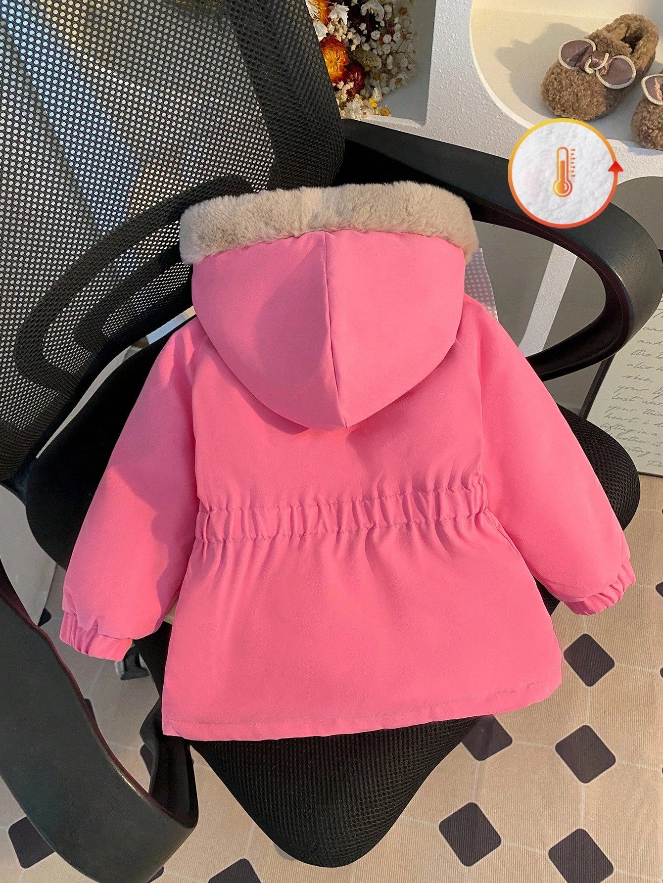 1pc Baby Girl Winter Pink Hooded Jacket,Casual Street Style White Fur Lining Khaki Fur Trim Long Sleeve Coat,Autumn Date Fashionable School Outdoor