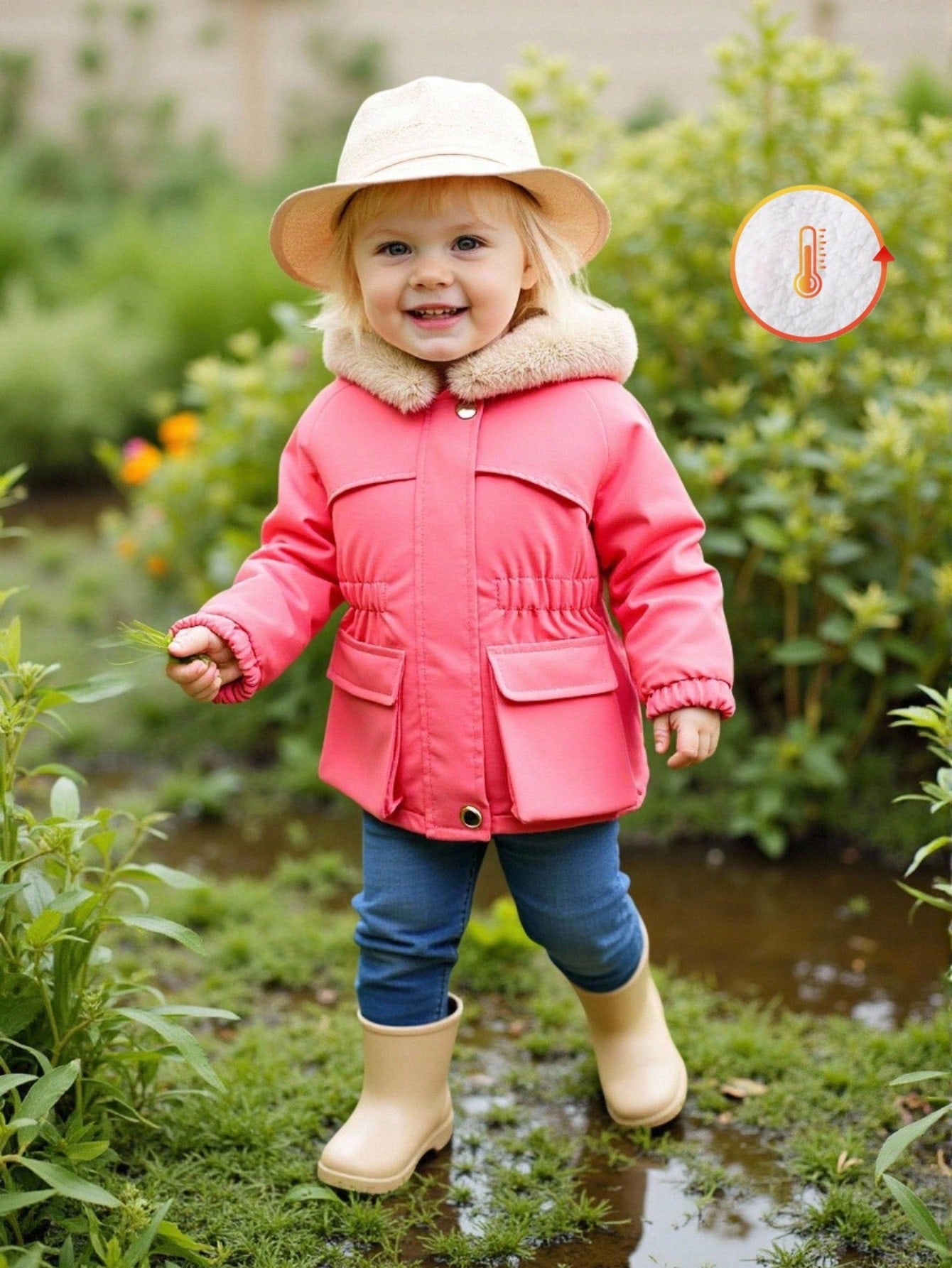1pc Baby Girl Winter Pink Hooded Jacket,Casual Street Style White Fur Lining Khaki Fur Trim Long Sleeve Coat,Autumn Date Fashionable School Outdoor