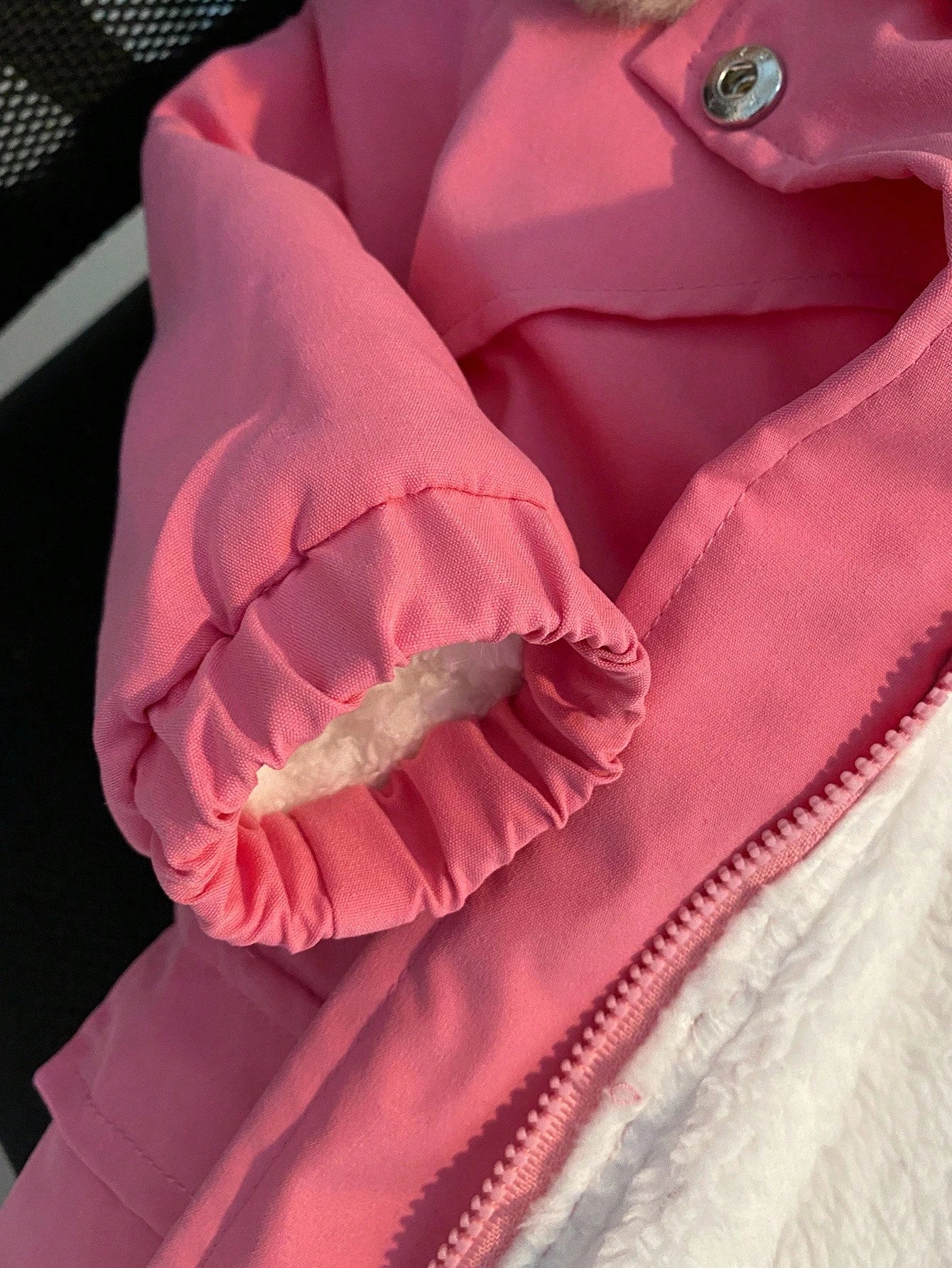 1pc Baby Girl Winter Pink Hooded Jacket,Casual Street Style White Fur Lining Khaki Fur Trim Long Sleeve Coat,Autumn Date Fashionable School Outdoor