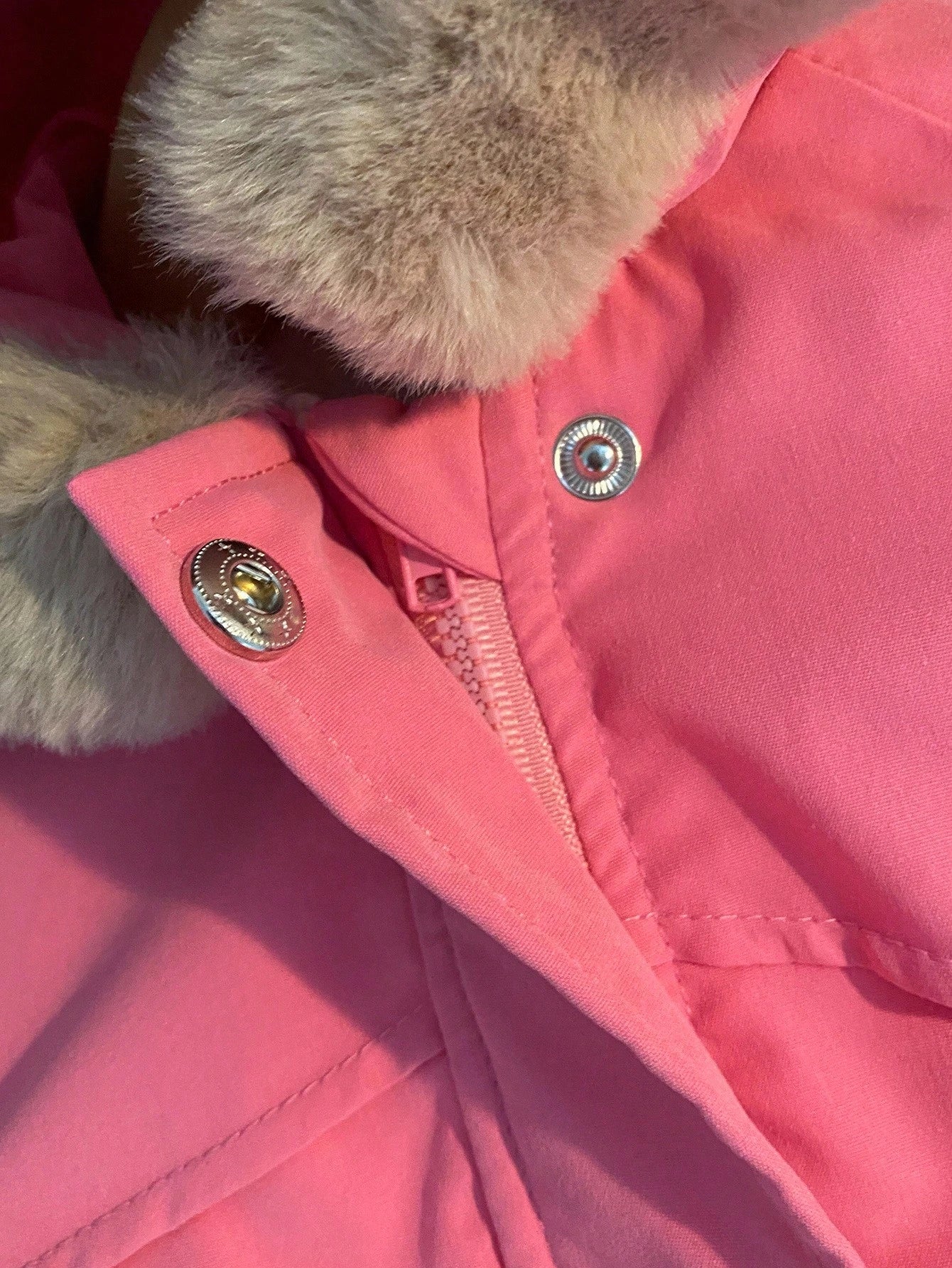 1pc Baby Girl Winter Pink Hooded Jacket,Casual Street Style White Fur Lining Khaki Fur Trim Long Sleeve Coat,Autumn Date Fashionable School Outdoor