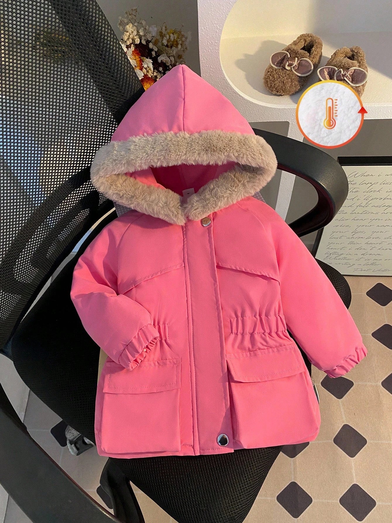 1pc Baby Girl Winter Pink Hooded Jacket,Casual Street Style White Fur Lining Khaki Fur Trim Long Sleeve Coat,Autumn Date Fashionable School Outdoor