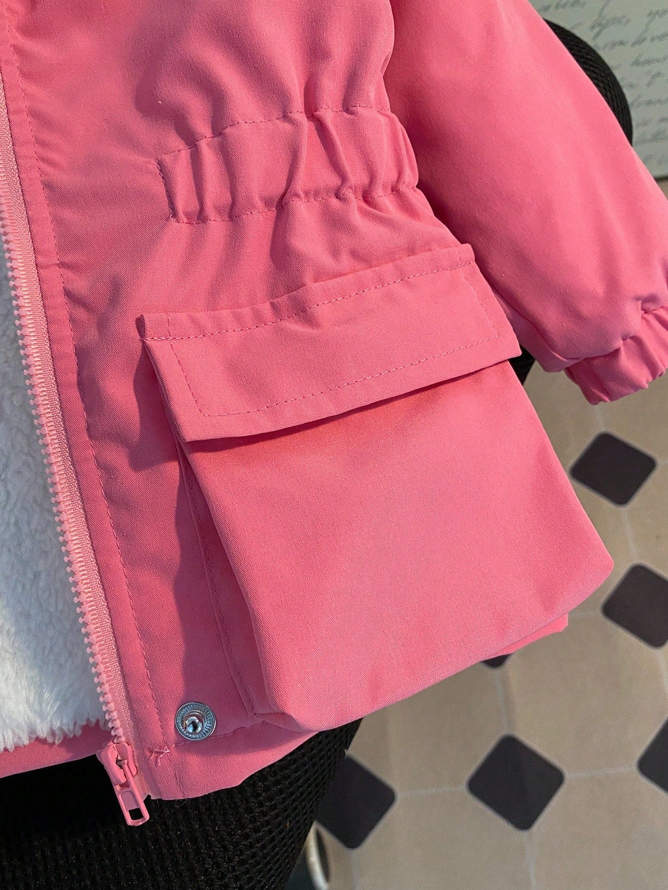1pc Baby Girl Winter Pink Hooded Jacket,Casual Street Style White Fur Lining Khaki Fur Trim Long Sleeve Coat,Autumn Date Fashionable School Outdoor