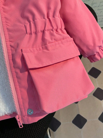 1pc Baby Girl Winter Pink Hooded Jacket,Casual Street Style White Fur Lining Khaki Fur Trim Long Sleeve Coat,Autumn Date Fashionable School Outdoor