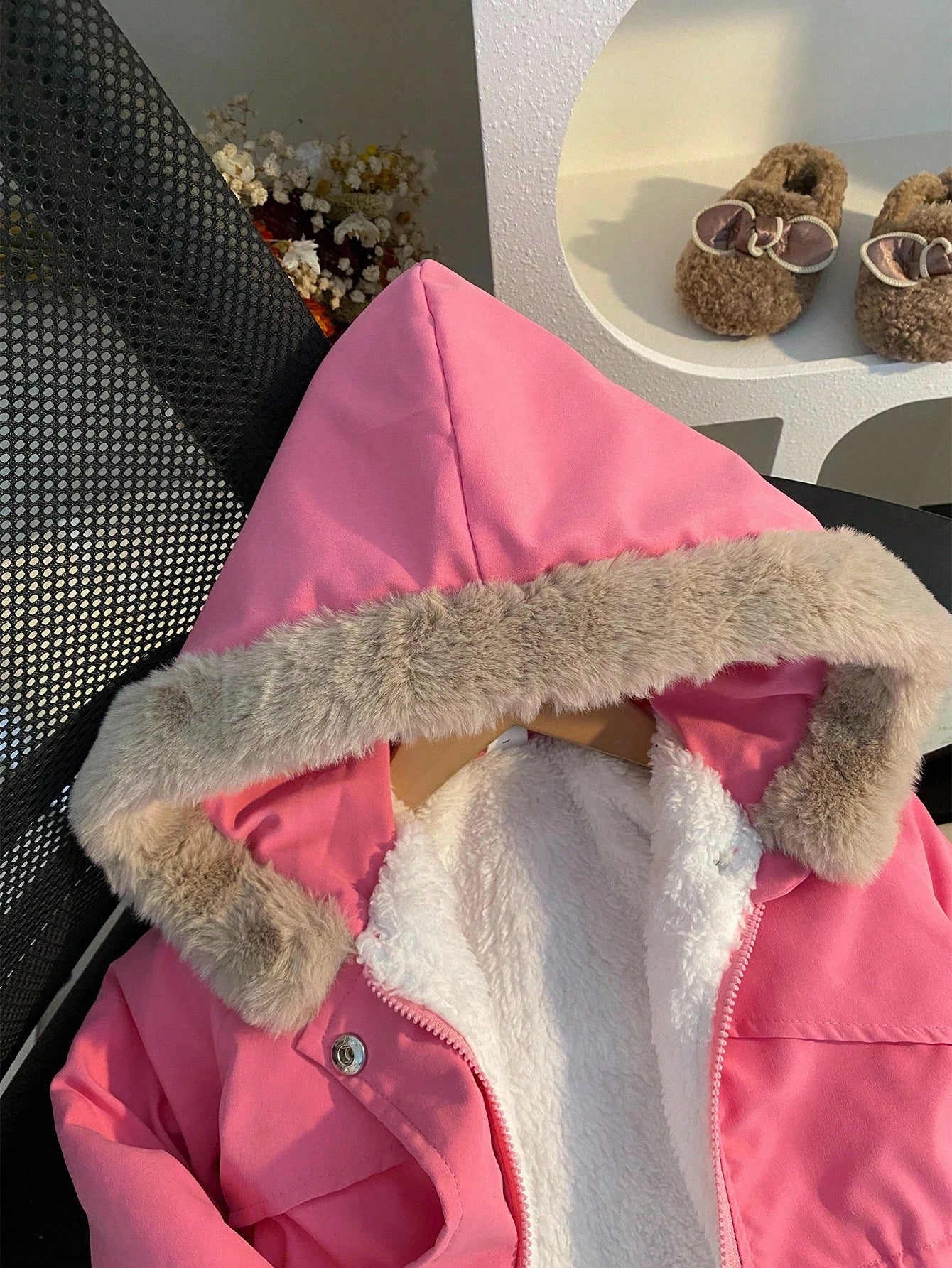 1pc Baby Girl Winter Pink Hooded Jacket,Casual Street Style White Fur Lining Khaki Fur Trim Long Sleeve Coat,Autumn Date Fashionable School Outdoor