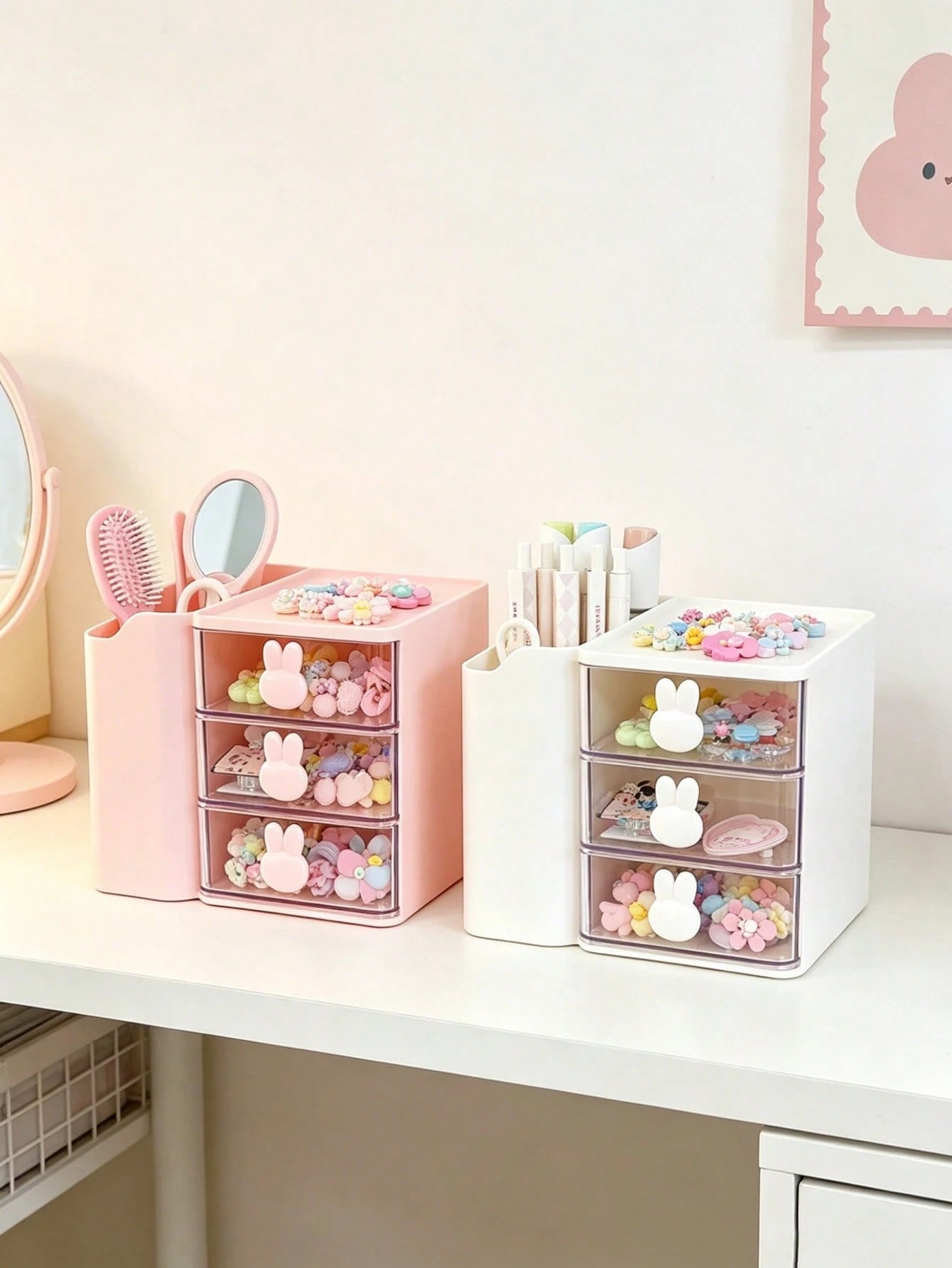 1pc Baby Hair Accessories Storage Box, Cute Rabbit Shaped Handle, 3 Compartments, Girls Room Decor, Baby Girl Supplies, Newborn Essentials