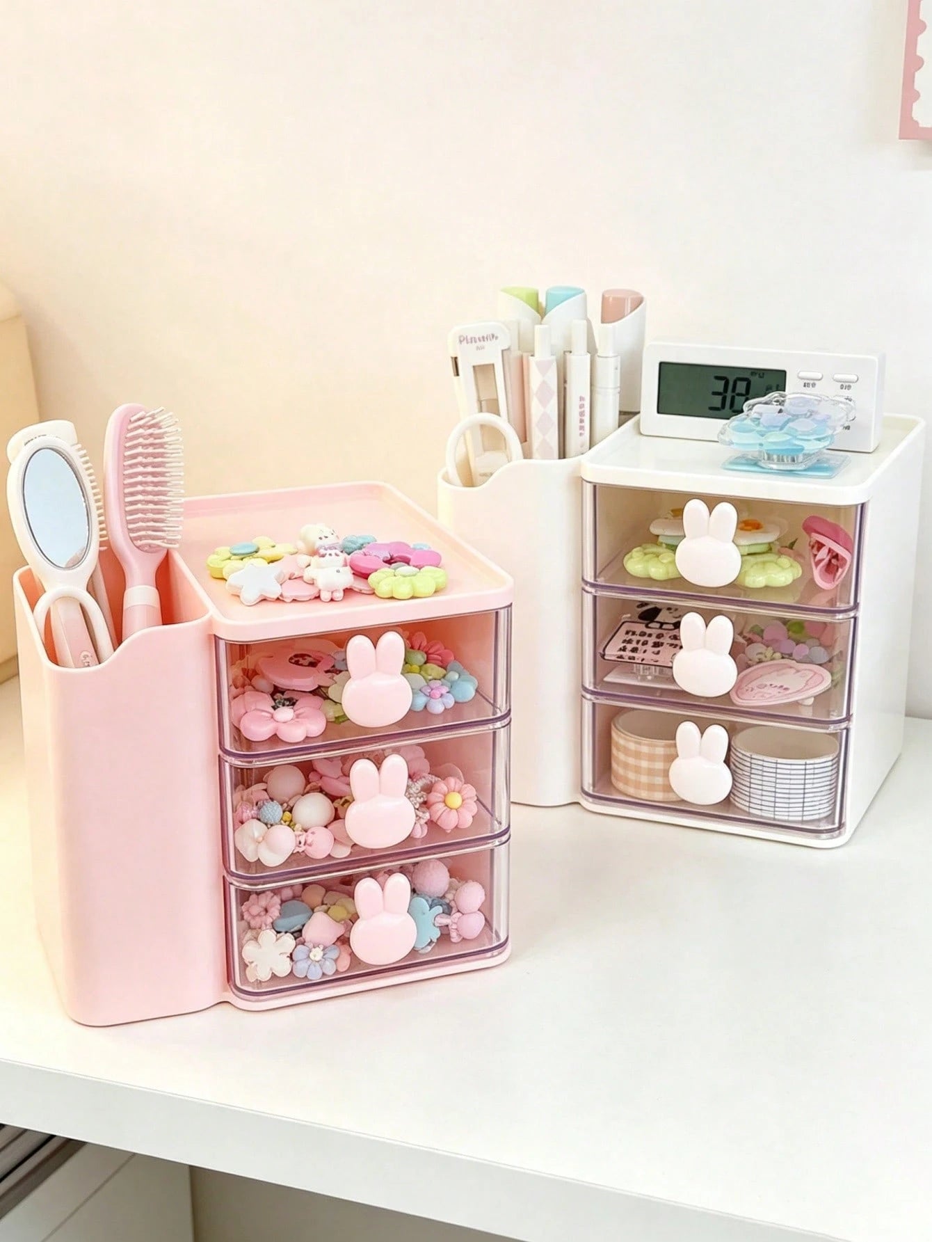 1pc Baby Hair Accessories Storage Box, Cute Rabbit Shaped Handle, 3 Compartments, Girls Room Decor, Baby Girl Supplies, Newborn Essentials
