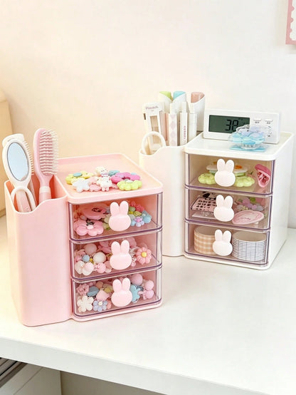 1pc Baby Hair Accessories Storage Box, Cute Rabbit Shaped Handle, 3 Compartments, Girls Room Decor, Baby Girl Supplies, Newborn Essentials