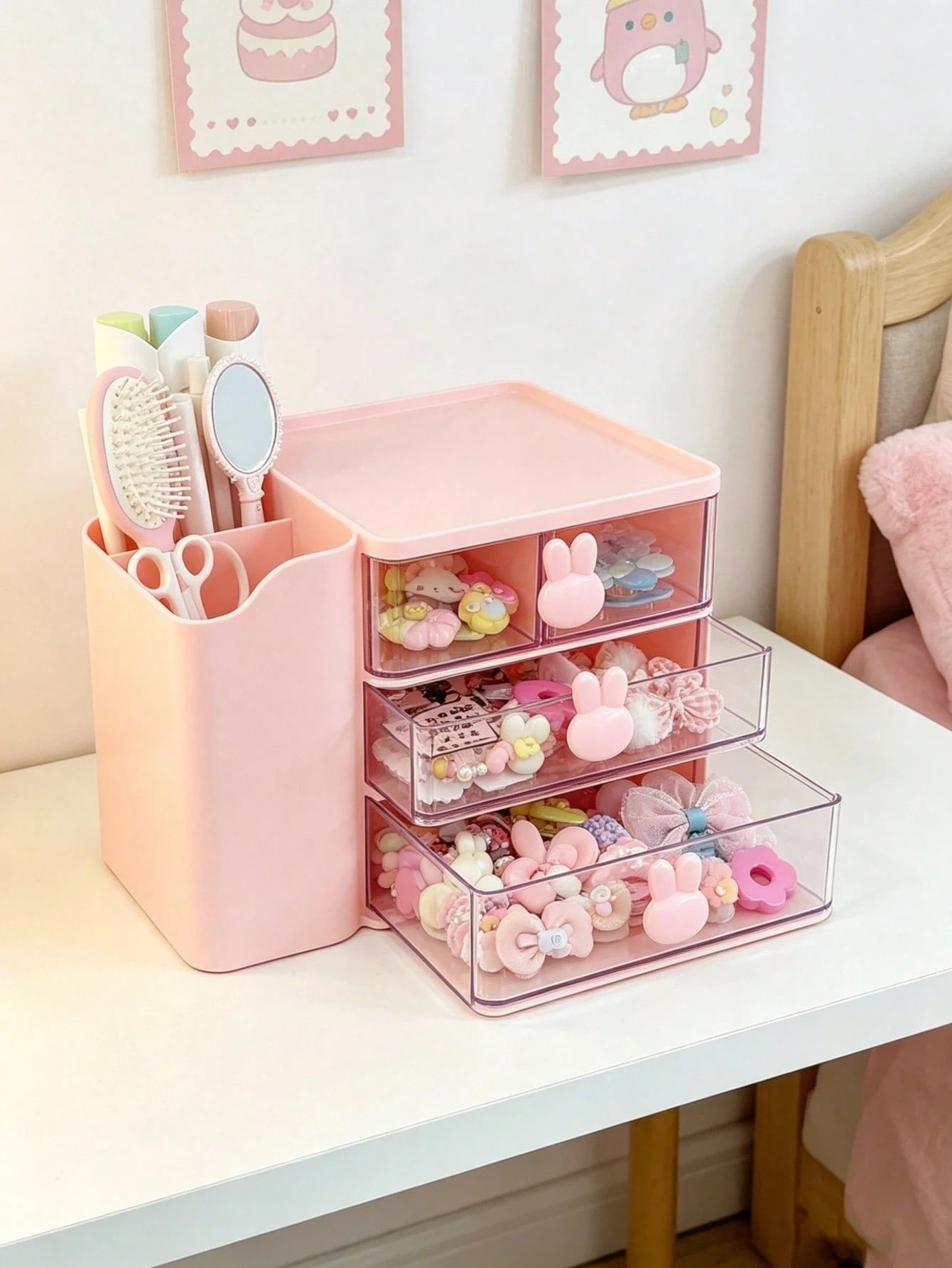 1pc Baby Hair Accessories Storage Box, Cute Rabbit Shaped Handle, 3 Compartments, Girls Room Decor, Baby Girl Supplies, Newborn Essentials