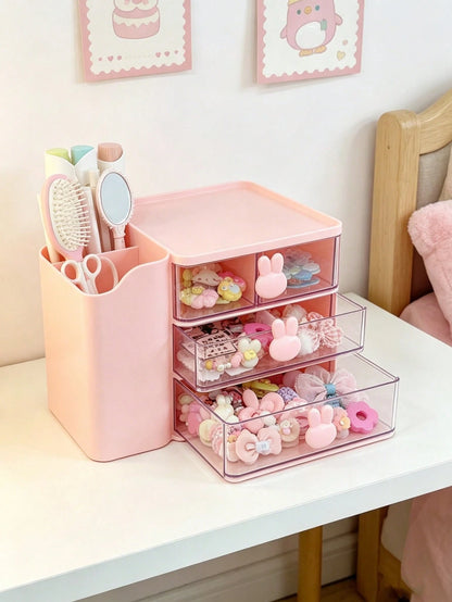 1pc Baby Hair Accessories Storage Box, Cute Rabbit Shaped Handle, 3 Compartments, Girls Room Decor, Baby Girl Supplies, Newborn Essentials