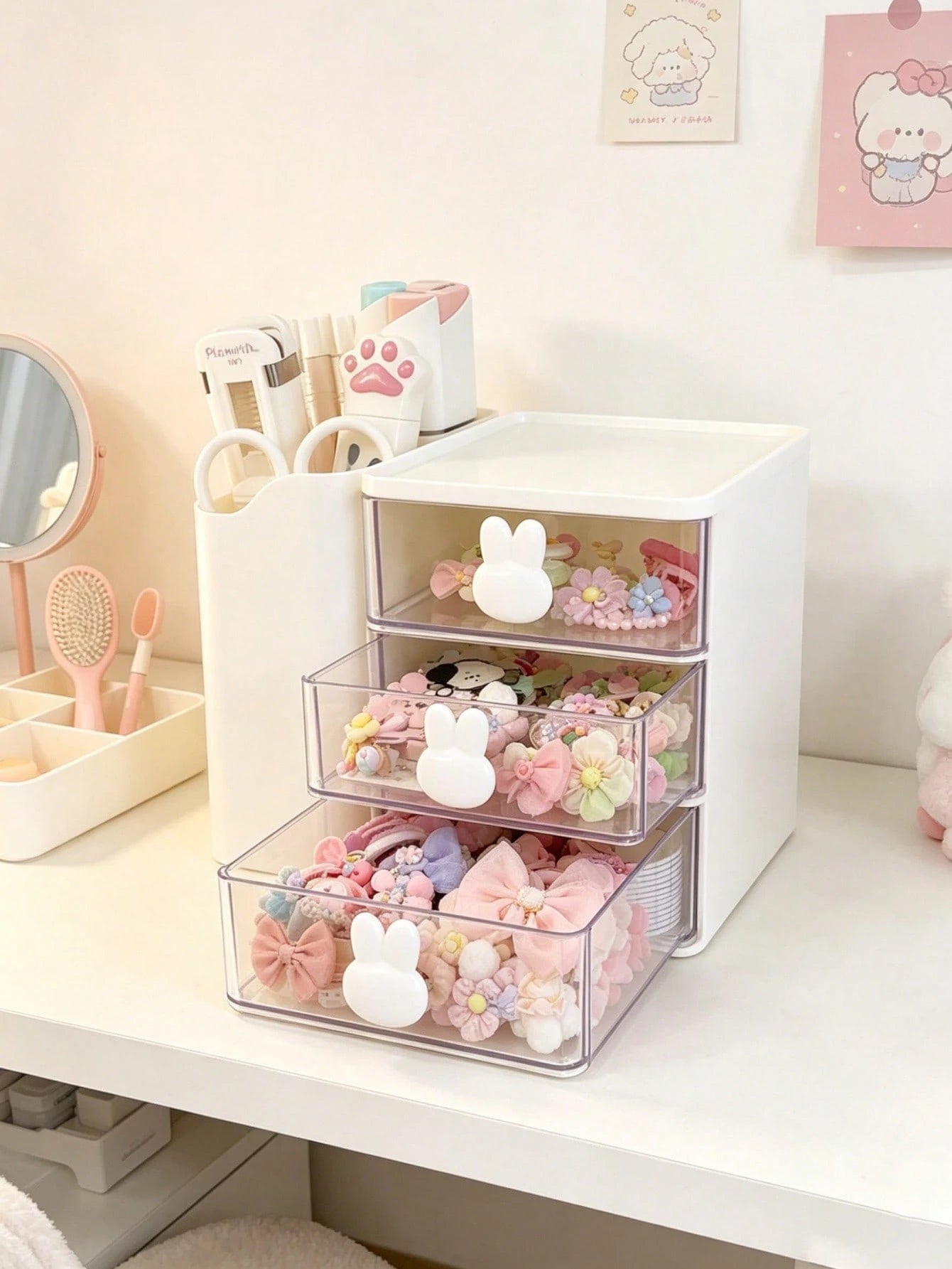1pc Baby Hair Accessories Storage Box, Cute Rabbit Shaped Handle, 3 Compartments, Girls Room Decor, Baby Girl Supplies, Newborn Essentials