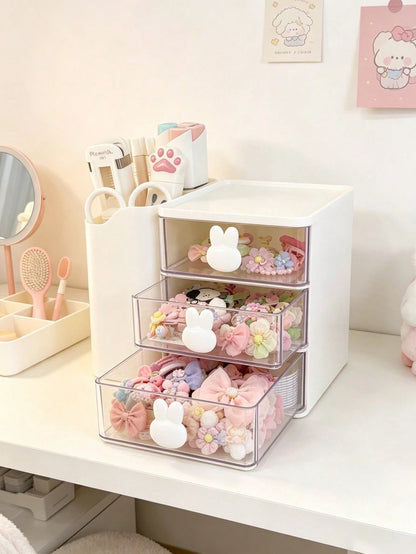 1pc Baby Hair Accessories Storage Box, Cute Rabbit Shaped Handle, 3 Compartments, Girls Room Decor, Baby Girl Supplies, Newborn Essentials