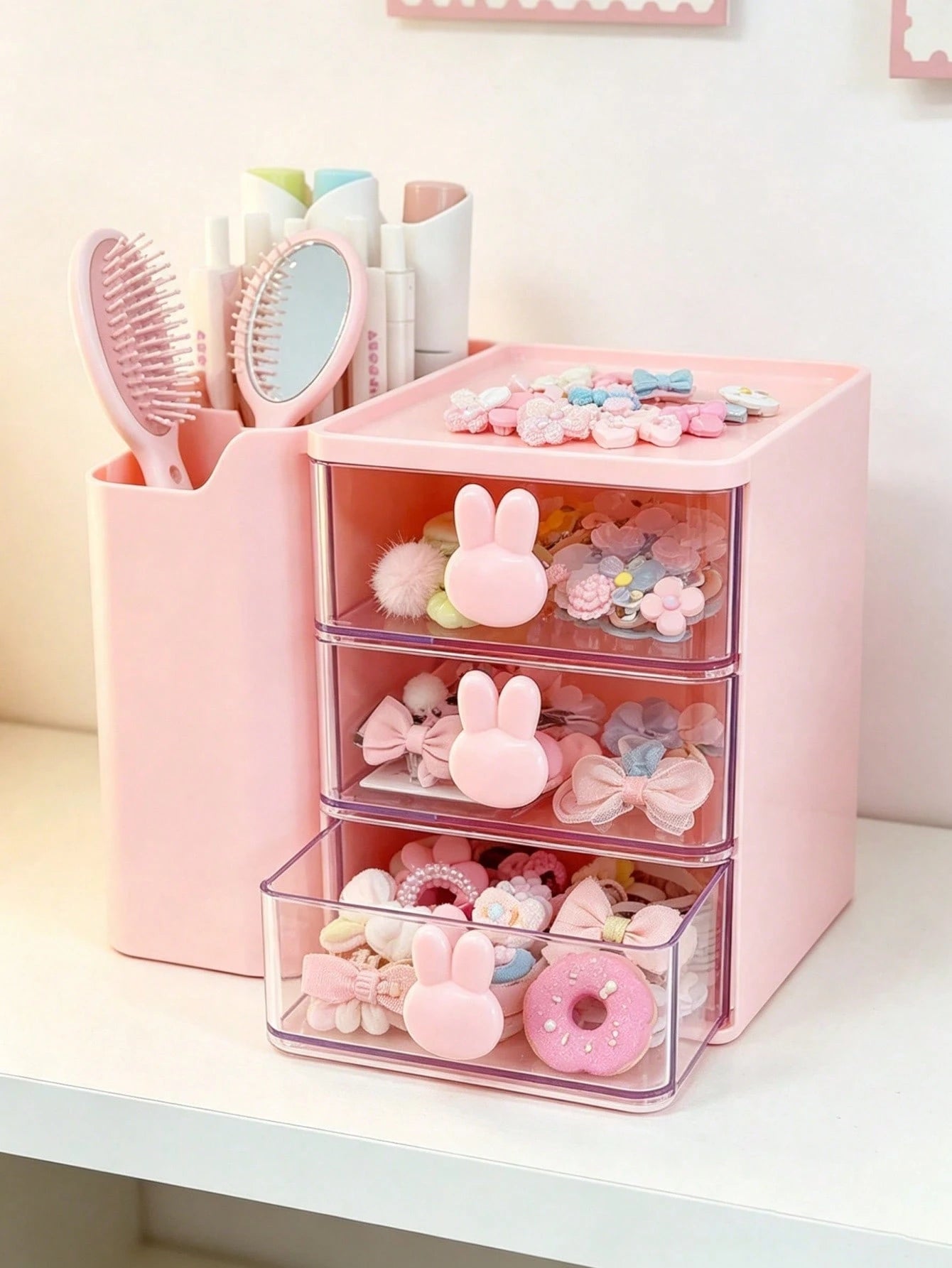 1pc Baby Hair Accessories Storage Box, Cute Rabbit Shaped Handle, 3 Compartments, Girls Room Decor, Baby Girl Supplies, Newborn Essentials