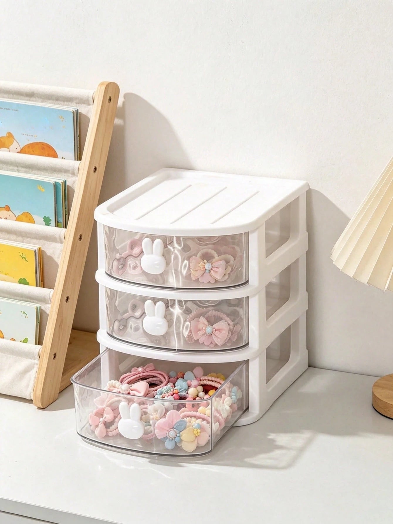 1pc Baby Hair Accessories Storage Box, Cute Rabbit Shaped Handle, 3 Compartments, Girls Room Decor, Baby Girl Supplies, Newborn Essentials