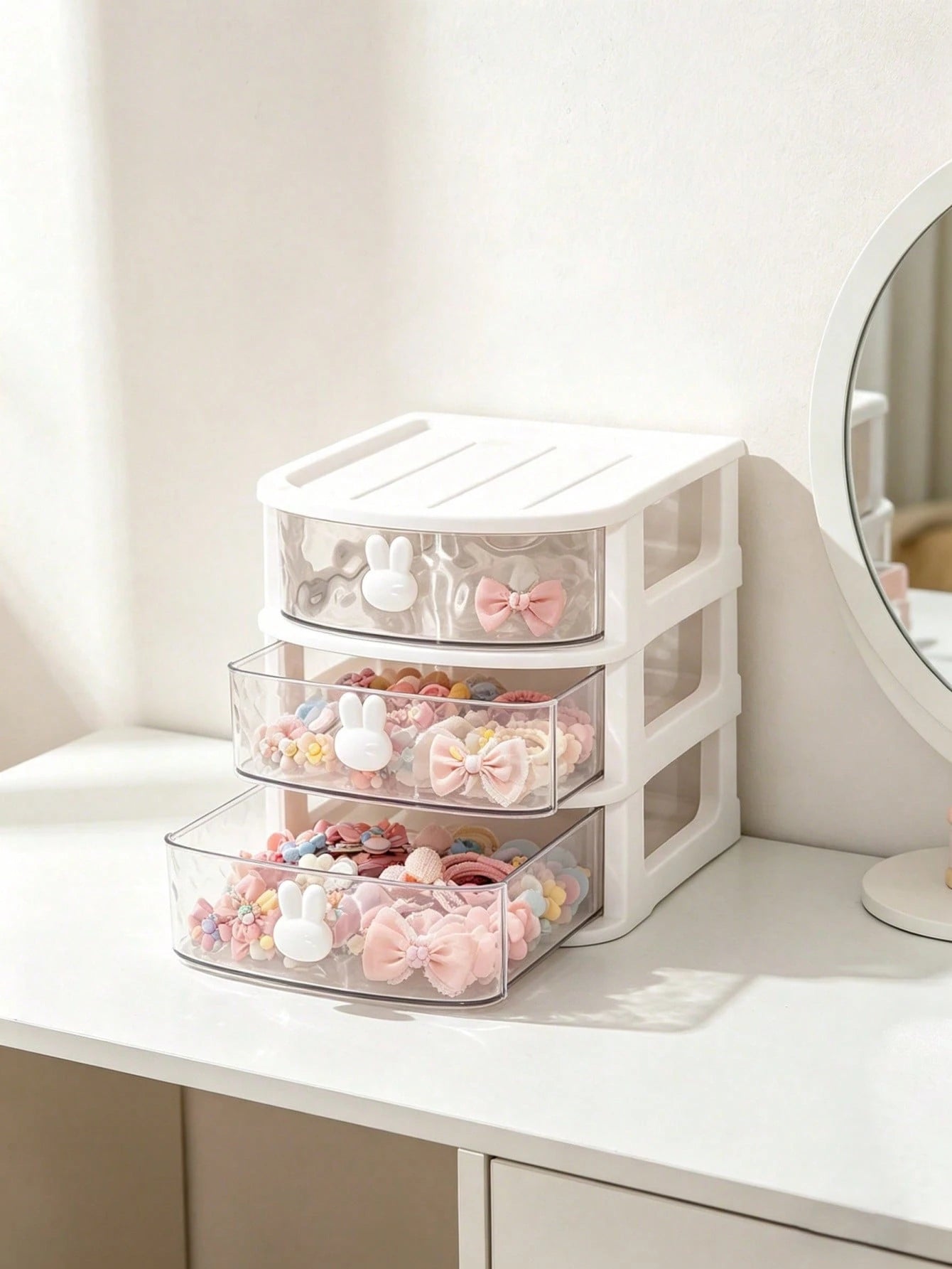 1pc Baby Hair Accessories Storage Box, Cute Rabbit Shaped Handle, 3 Compartments, Girls Room Decor, Baby Girl Supplies, Newborn Essentials