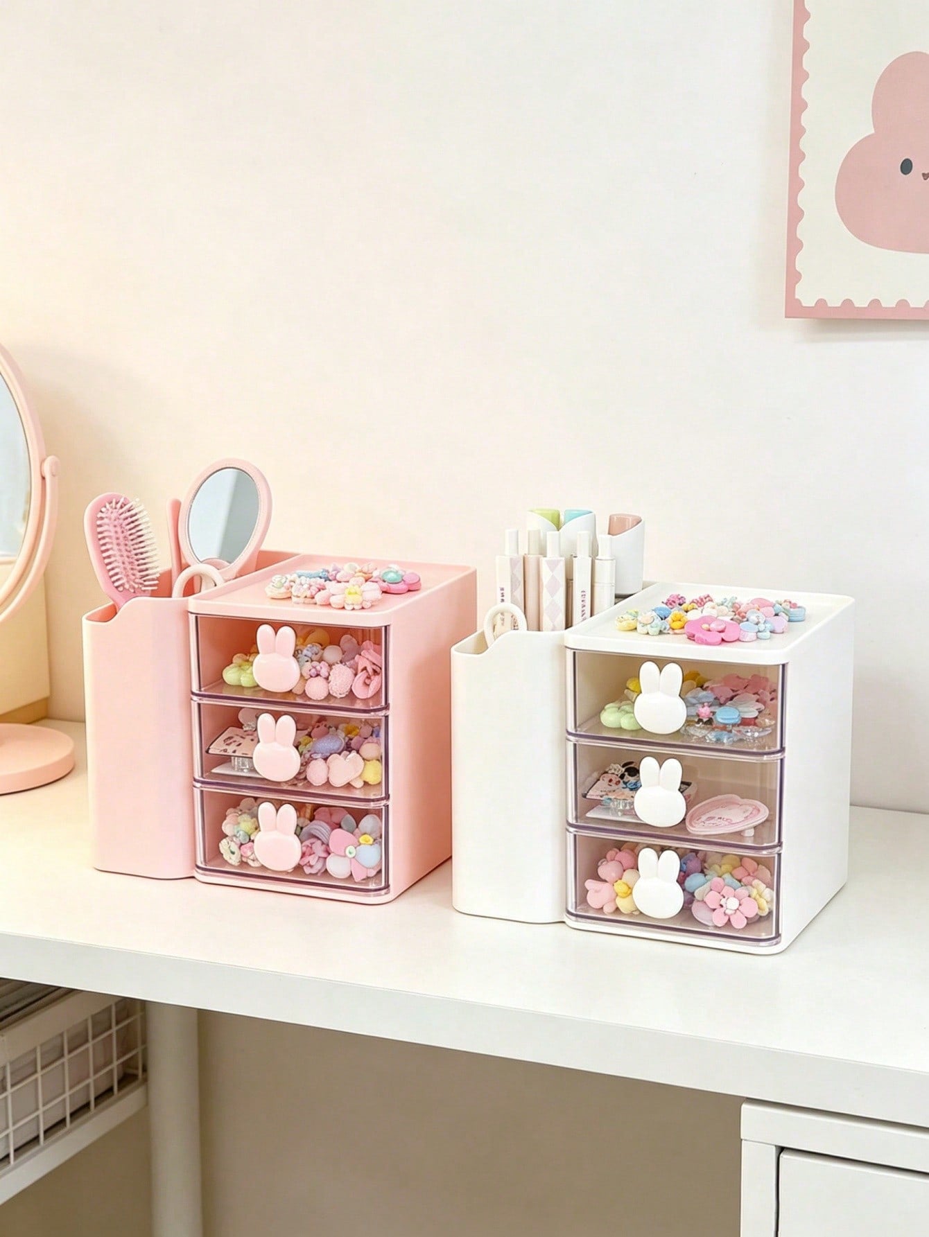 1pc Baby Hair Accessories Storage Box, Cute Rabbit Shaped Handle, 3 Compartments, Girls Room Decor, Baby Girl Supplies, Newborn Essentials