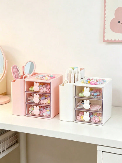 1pc Baby Hair Accessories Storage Box, Cute Rabbit Shaped Handle, 3 Compartments, Girls Room Decor, Baby Girl Supplies, Newborn Essentials