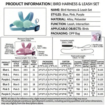 1pc Bird Harness And Leash Set, Parrot Outdoor Flight Tether, Suitable For Lovebirds And Cockatiels, Ultra-Lightweight Non-Slip Vest, Comfortable Escape-Proof Training, Travel Bird Walking, Bird Suppl