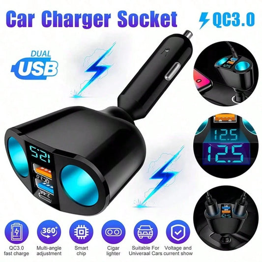 1pc Black ABS Multi-Function Digital Display Car Charger, Rapid Charging Dual USB + Type-C, Suitable For 12V/24V Vehicles