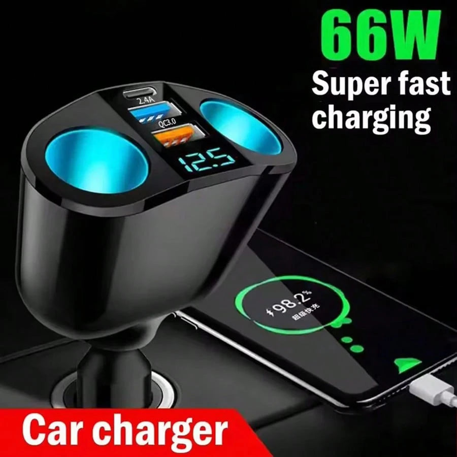 1pc Black ABS Multi-Function Digital Display Car Charger, Rapid Charging Dual USB + Type-C, Suitable For 12V/24V Vehicles