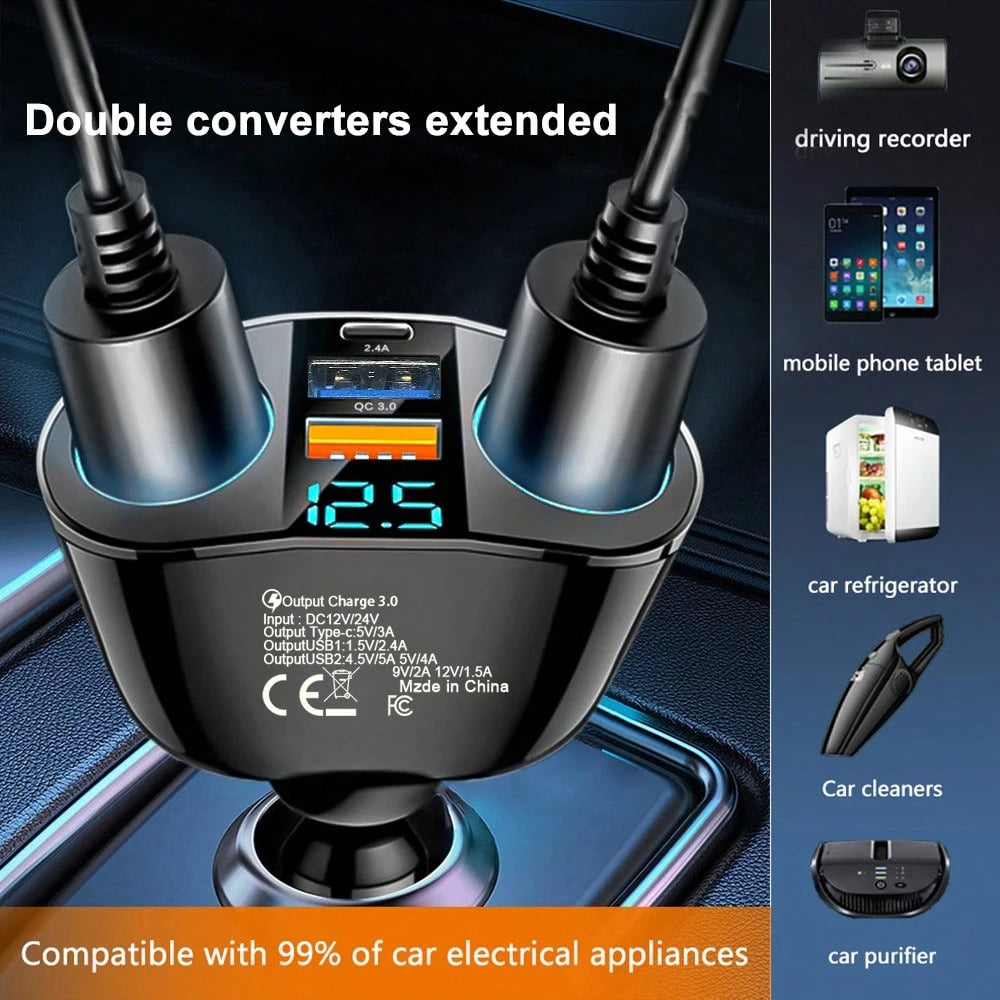 1pc Black ABS Multi-Function Digital Display Car Charger, Rapid Charging Dual USB + Type-C, Suitable For 12V/24V Vehicles