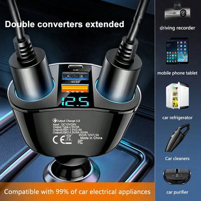 1pc Black ABS Multi-Function Digital Display Car Charger, Rapid Charging Dual USB + Type-C, Suitable For 12V/24V Vehicles