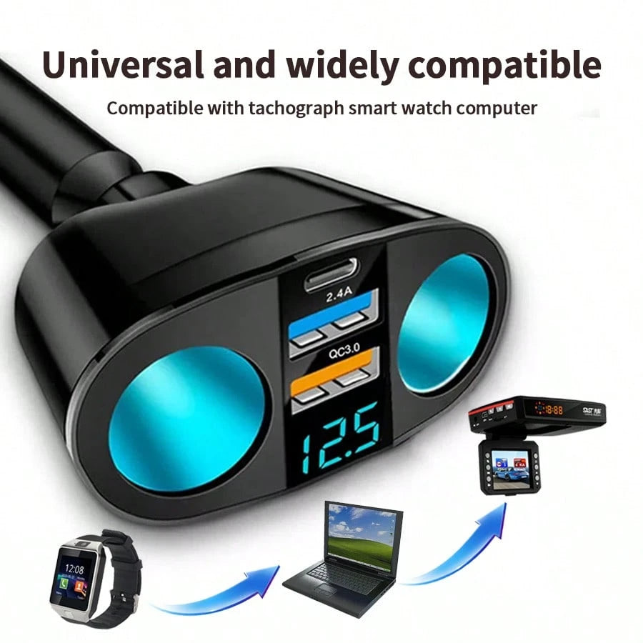 1pc Black ABS Multi-Function Digital Display Car Charger, Rapid Charging Dual USB + Type-C, Suitable For 12V/24V Vehicles