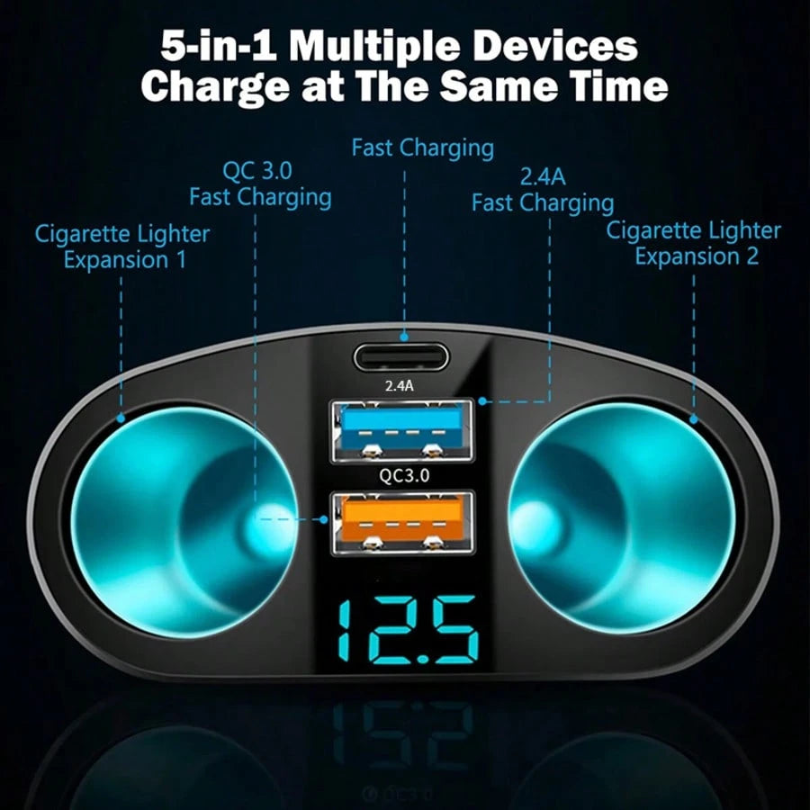 1pc Black ABS Multi-Function Digital Display Car Charger, Rapid Charging Dual USB + Type-C, Suitable For 12V/24V Vehicles