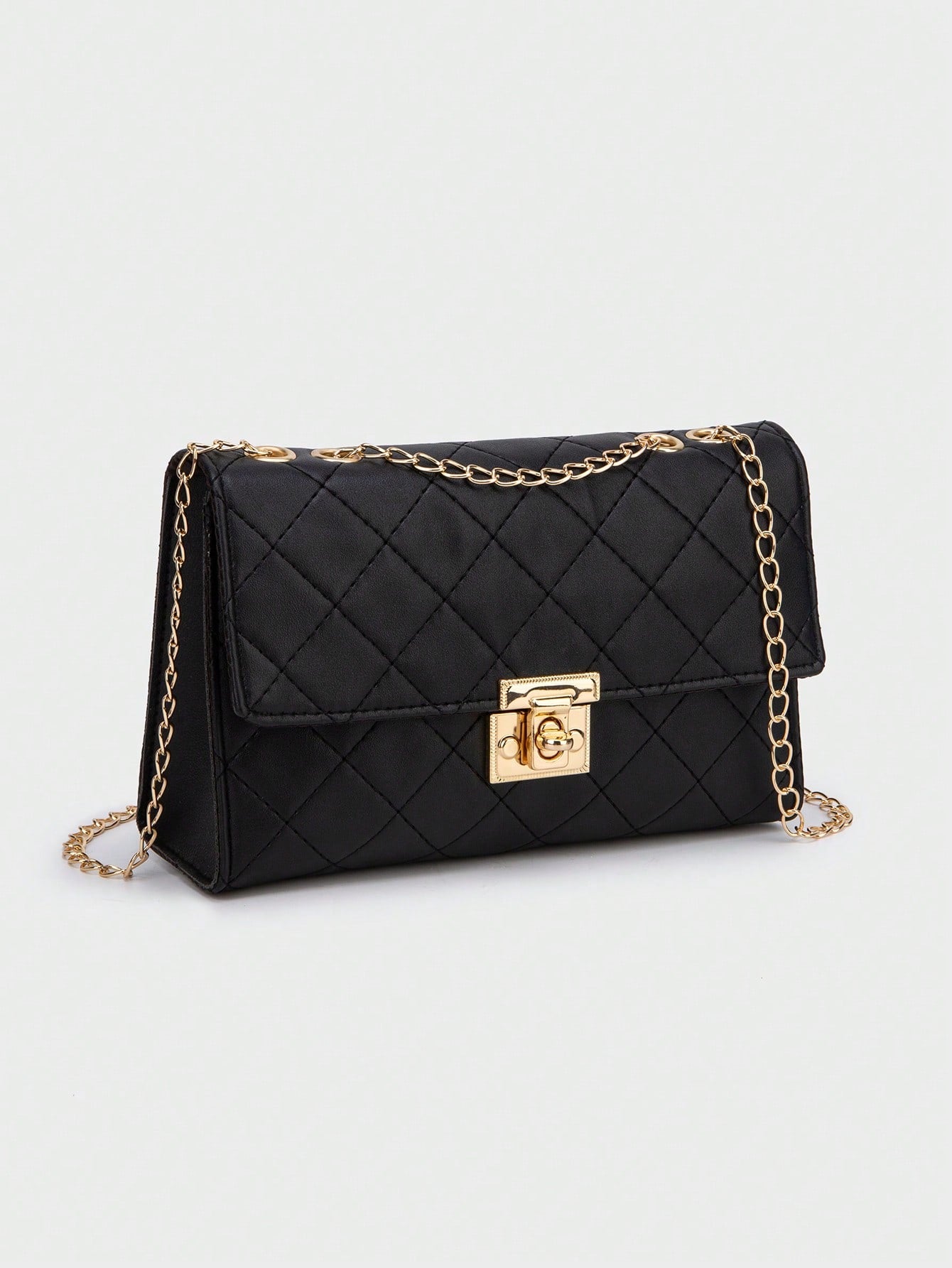 1pc Black Rhombus Pattern Chain Strap Women Satchel Bag, Fashion Light Quilted Flap Shoulder Crossbody Bag